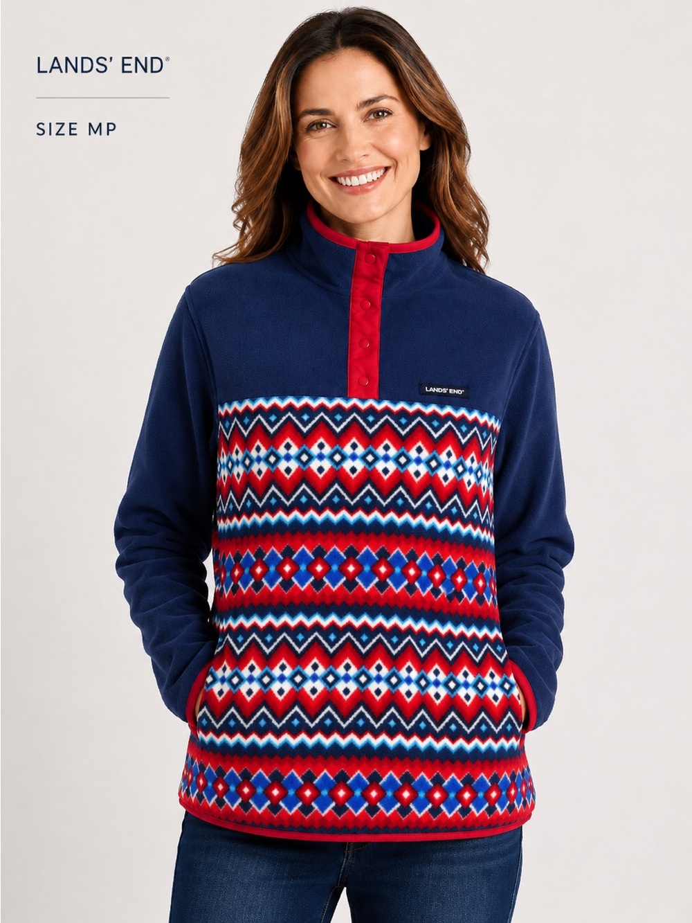 Lands’ End Fleece Pullover MP Navy Fair Isle Snap Neck Cozy Petite